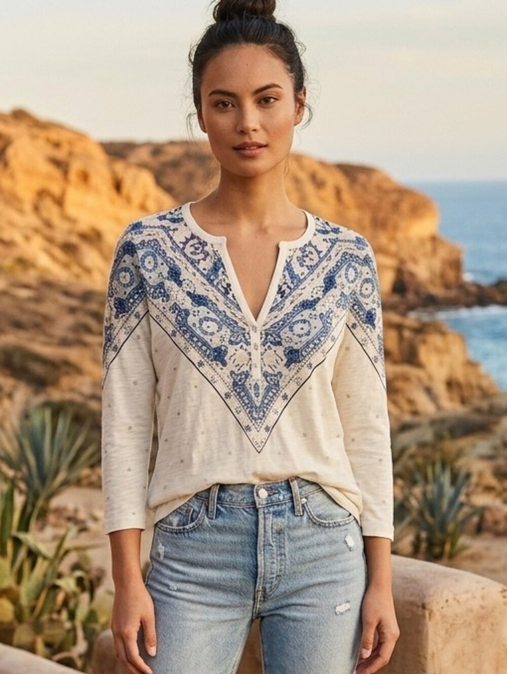NWT Lucky Brand Blue Border Print Notch Neck Henley Top XL Boho